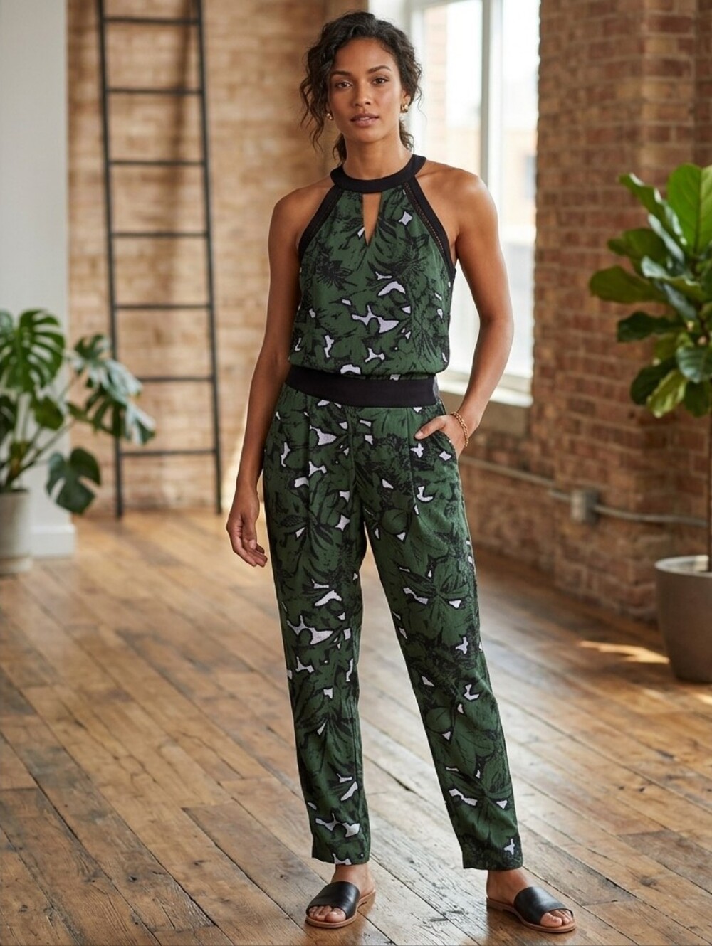 NWT Ella Moss Dark Green Leaf Botanical Halter Jumpsuit Tapered Leg Pockets